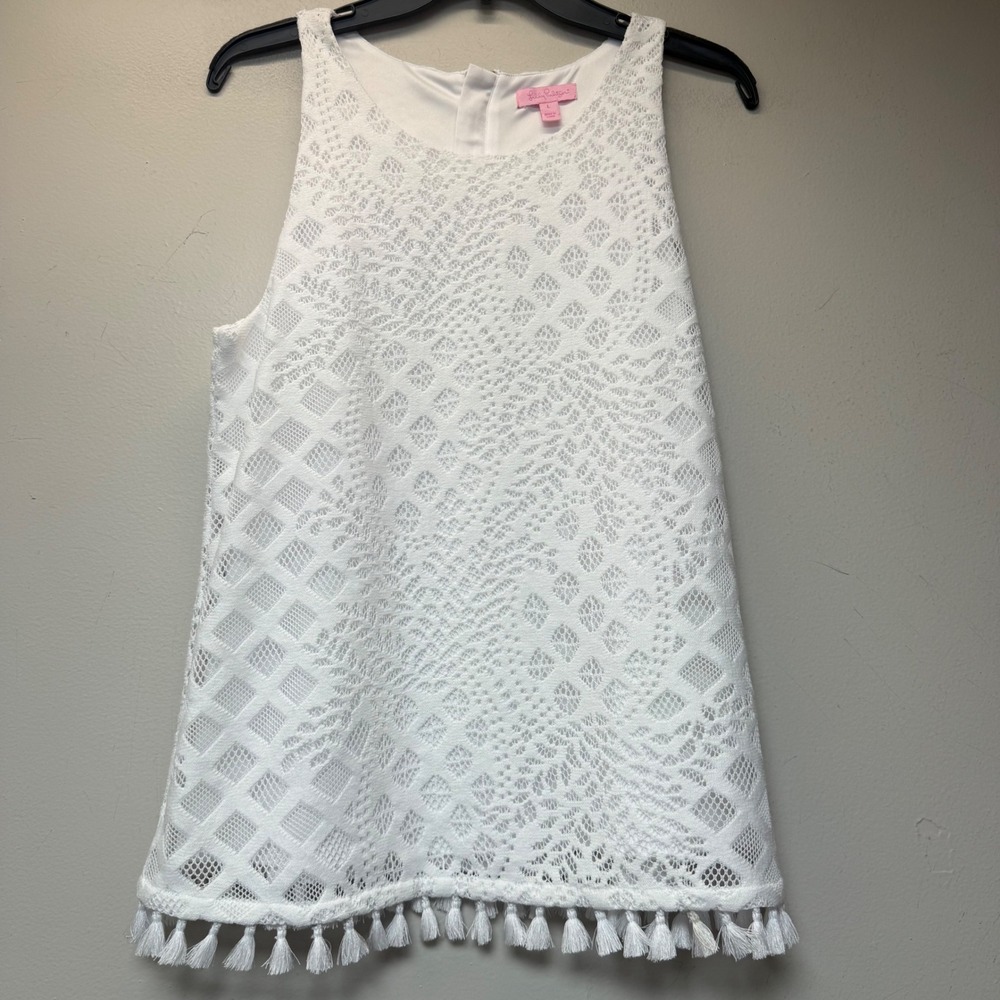 Lilly Pulitzer Lace Tank Top Womens L White Tassel Fringe Pineapple Zip Top